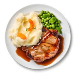 Wall Mural - delicious plate of pork chop and mashed potatoes isolated on white background