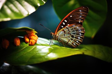 Canvas Print - a butterfly laying eggs on a leaf