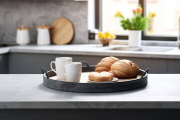 Wall Mural - Tray with freshly baked croissants and steaming cup of coffee. Perfect for relaxing breakfast or brunch.