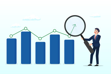 Businessman analyst analyze trend graph and chart with magnifying glass, trend analysis, marketing and sales information, analyze or predict trend line or profit, business forecast report (Vector)