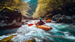 A male in kayak sailing in a mountain river. Extreme sport kayak. Generative Ai