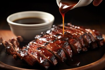 Canvas Print - rack of ribs with brush dipping into a bowl of sauce