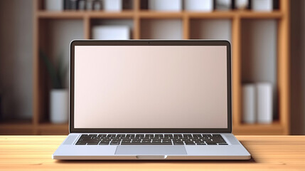 Laptop computer mockup blank white screen on desk. Delivery box, retail market, warehouse delivery background. Online e-commerce store mockup, dropshipping business website concept. Generative Ai