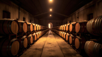 Wine barrels in wine vaults. Generative Ai