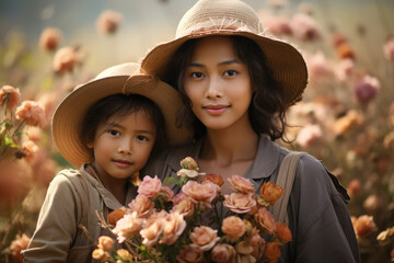 Woman and child standing in beautiful field of colorful flowers. Perfect for family, nature, and outdoor concepts.