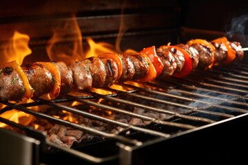 Poster - sausages roasting over gas flame on a modern rotisserie grill