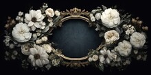 Generative AI, Vintage Frame With White Flowers, Futuristic Victorian, Black Background