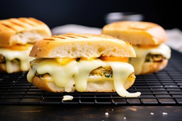 Poster - sandwich with melting cheeses on a cooling rack