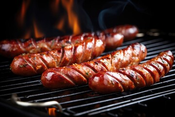 Poster - freshly cooked sausage links on a shiny bbq grill