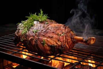 Poster - sizzling spiced leg of lamb rotating over charcoal