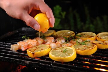 Wall Mural - a hand squeezing lemon over grilling shrimps