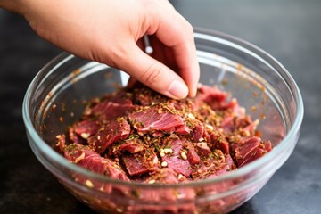 Poster - hand rubbing spice blend onto marinating beef