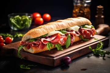 Canvas Print - italian hoagie on a stone board with soft lighting