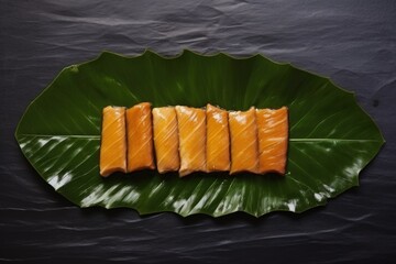 Sticker - aerial view of smoked cod arranged on a green leaf