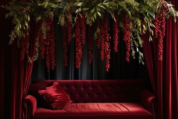 Sticker - faux mistletoe hanging from a burgundy velvet booth canopy