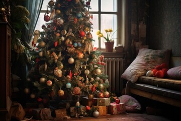 Poster - christmas tree with ornaments partially unpacked next to it