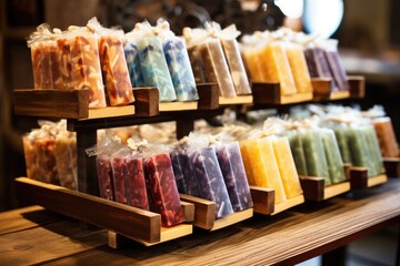 Sticker - handmade soaps displayed on a wooden rack