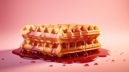 Wall Mural - Delicious Waffle with Syrup on Pink Background - Breakfast Food Photography