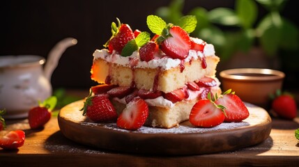 Wall Mural - Delicious slice of homemade strawberry sponge cake with fresh berries and whipped cream on a white plate