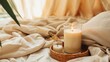 Generative AI, burning candle on beige background. Aesthetic muted composition dry flowers, textile. Home interior, comfort, spa, relax and wellness concept.	