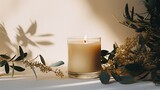 Generative AI, burning candle on beige background. Aesthetic muted composition dry flowers, textile. Home interior, comfort, spa, relax and wellness concept.	