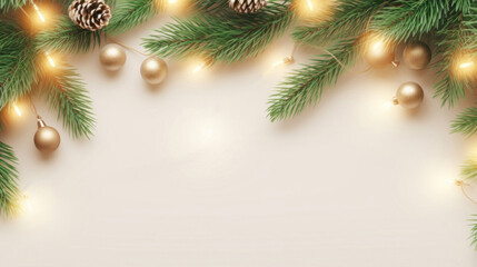 Wall Mural - Soft Christmas lights from a garland with Christmas tree branches on a beige background