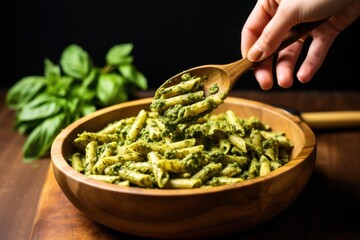 Poster - hand holding wooden fork twisting spelt pasta in pesto sauce