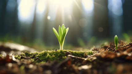 A snowdrop sprouting from the ground and snow, illuminated by sunshine