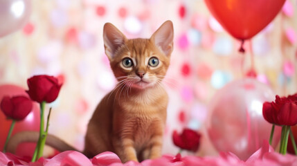 Wall Mural - Orange kitten on a festive background