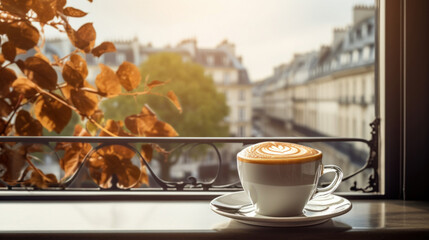 Wall Mural - Coffee with latte art on the background of a window with a beautiful autumn view