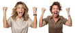 emotional, angry, excited, cheering adult woman mother - celebrating, throwing arms up. on transparent background	
