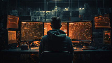 Young programmer is operating  multiple workstations in server room, AI generative