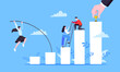 Businesswoman jumps pole vault over graph bars flat style design vector illustration business concept. Business growth and goal achievement concept.