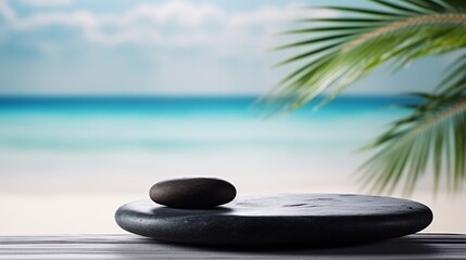 A product display mockup with a beautiful ocean background. The product is showcased on a dark, flat stone podium.