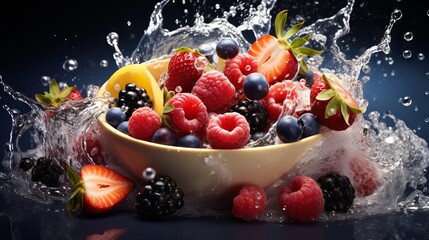 Wall Mural - A colorful and refreshing smoothie bowl with fresh fruit and granola on a wooden table