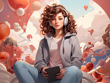 Girl Wearing Headset And Using Tablet Tablet