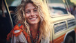 © XaMaps - Charming blonde woman seated in vintage van, embodying joyous freedom on a carefree journey.