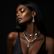 Portrait Of Black Woman Glamorous Makeup Wearing Luxury Jewelry