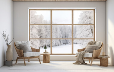 Luxurious villa living room with a snowy scene in the background