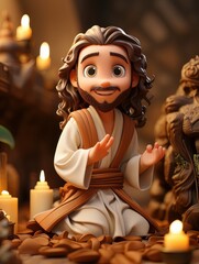 Wall Mural - Cartoon Jesus Christ praying in a sacred place. AI