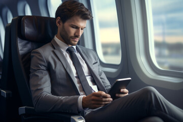Bisinessman using mobile phone in private airplan jet.