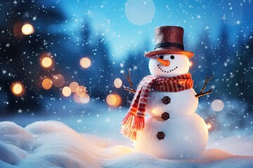 winter holiday christmas background banner - closeup of cute funny laughing snowman with wool hat an