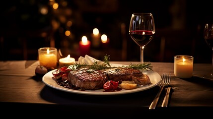 Romantic dinner for two with grilled steaks, roasted vegetables, and red wine on a wooden table