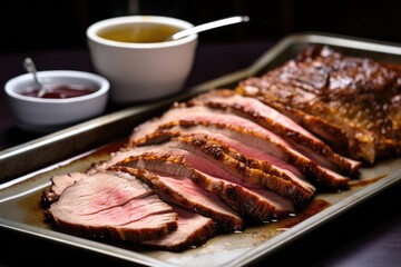 Sticker - beef brisket slices on a stainless steel tray with gravy