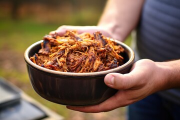 Poster - hand holding a bowl of bbq pulled pork near a grill