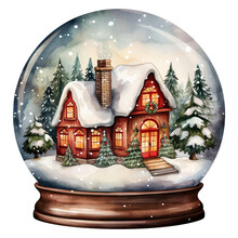 Watercolor Vintage Christmas In Cozy Winter House Snow Globe Festive Watercolor Clipart For Holiday Decorations, Isolated On A White Background