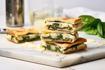 Wall Mural - panini sandwich with spinach and cheese on a marble table