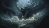 Fototapeta  - Charybdis a Greek sea monster causes chaos and destruction in the ocean. Illustration of a deadly whirlpool from inside. Fantasy art of a mystical shipwreck in a whirlpool storm.