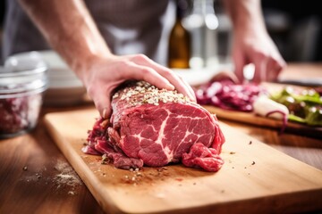 Wall Mural - hand assembling a beef burger with bacon