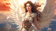 Painting of a beautiful woman, the Greek goddess Aphrodite. Olympian god of sexual love and beauty, aphrodite, illustration. Art of an ancient mythological female goddess with white wings.